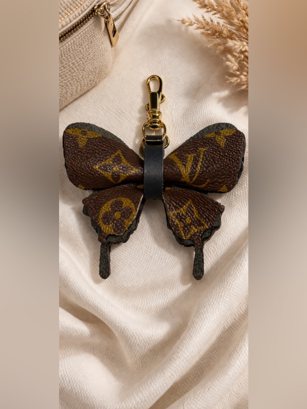 Designer Canvas Butterfly Keychain Bag Charm Brown Gold Handmade